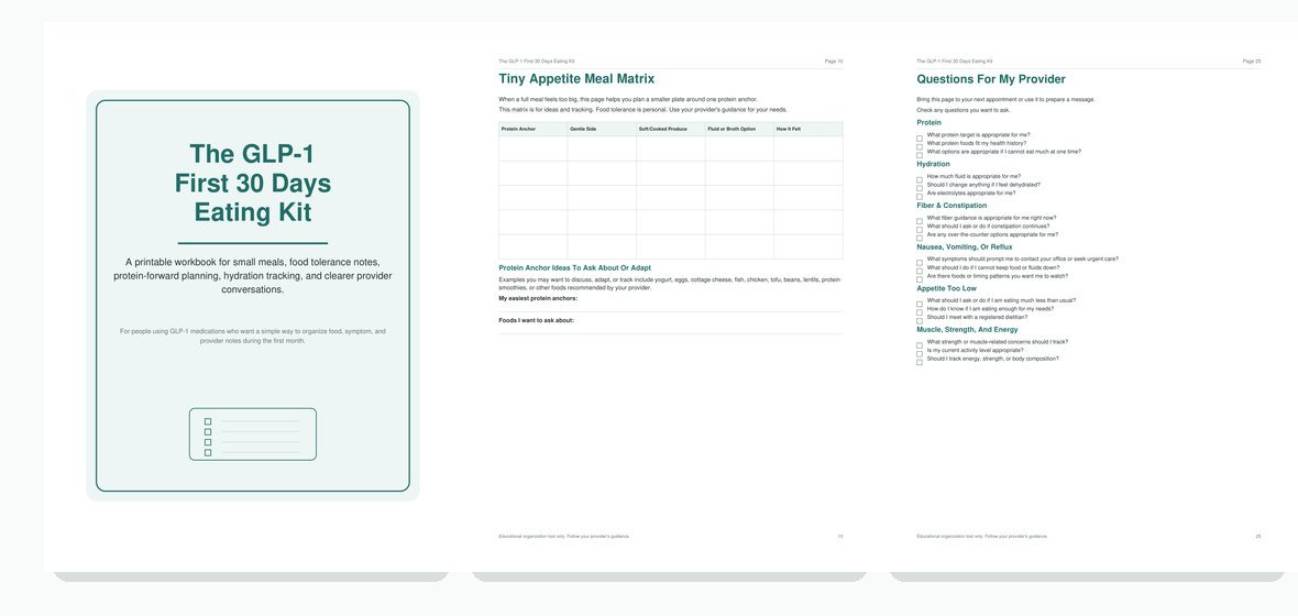 Preview of the workbook cover, meal matrix, and provider questions pages.